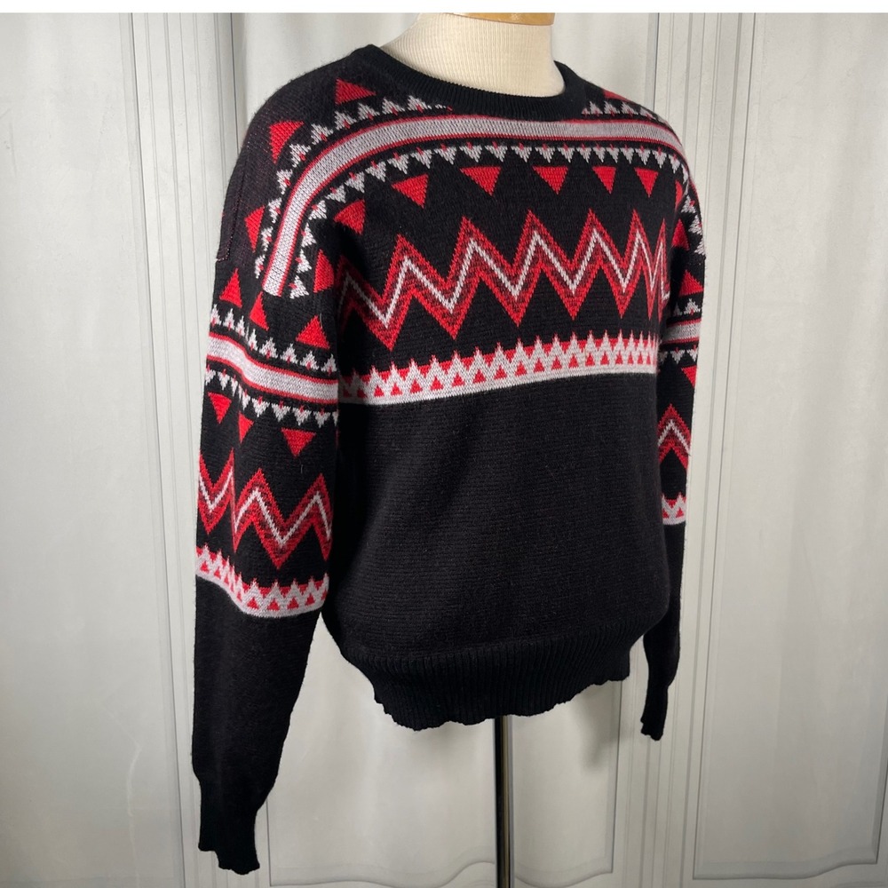 Vintage 80's PROFILE 100% Wool Sweater • Black Red Nordic Ski Geometric Knit • L - Picture 4 of 14